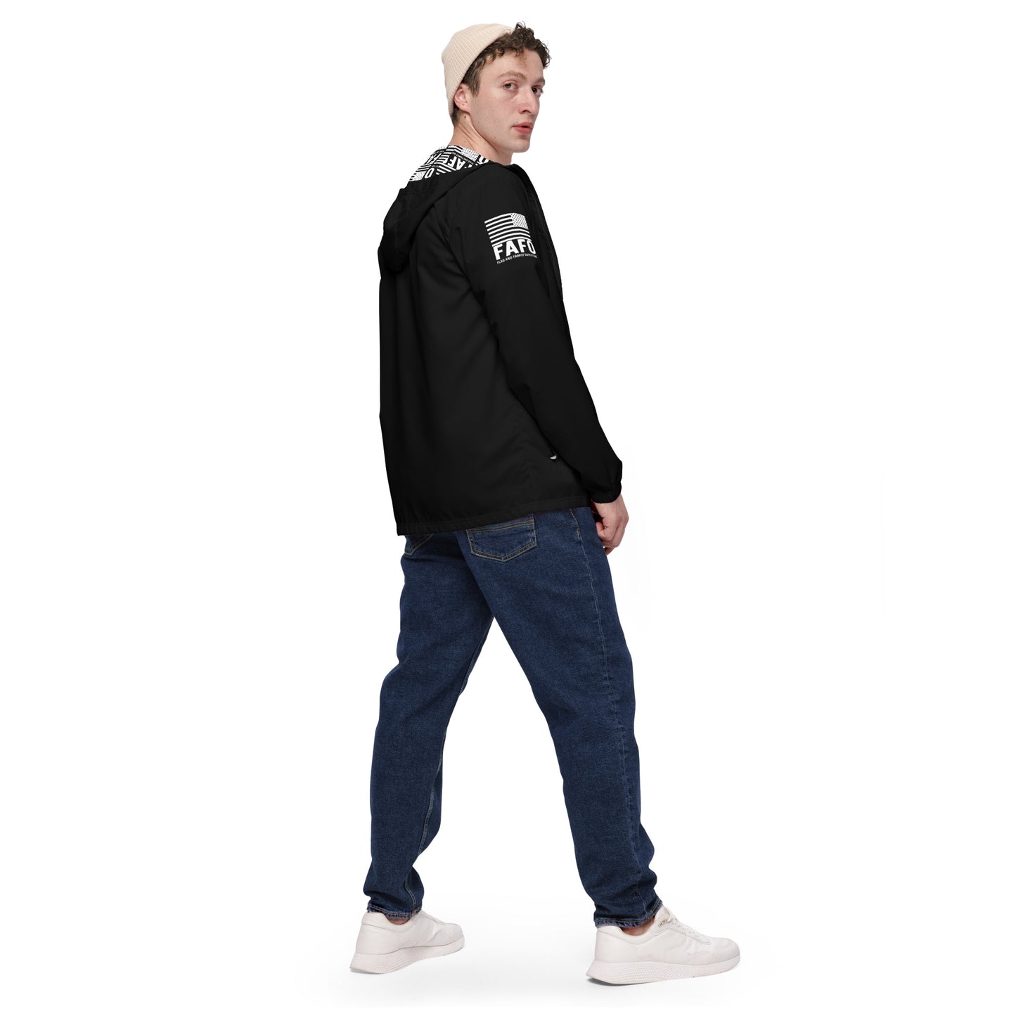 Back of black FAFO windbreaker jacket — FAFO apparel FAFO gear patriotic outerwear