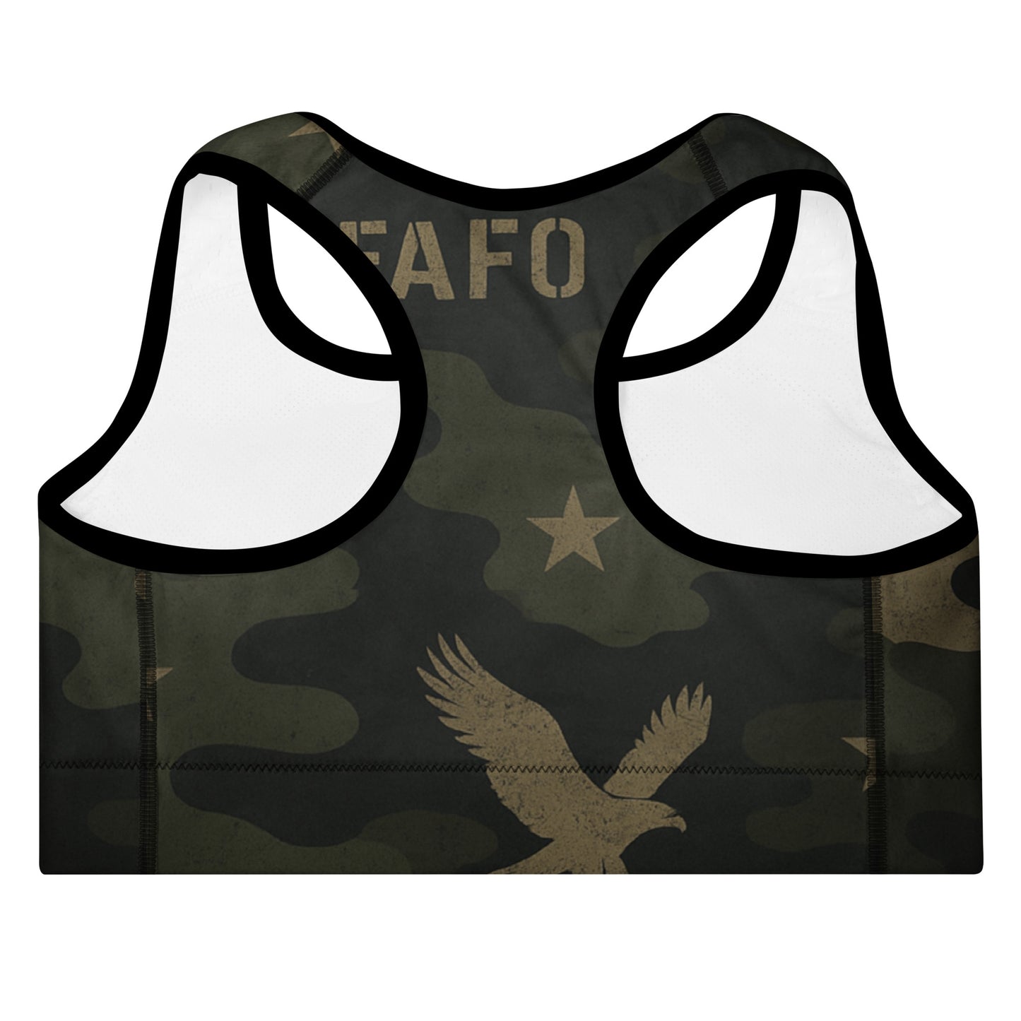 Back of FAFO sagebrush shadow camo sports bra — American flag detail patriotic clothes for women