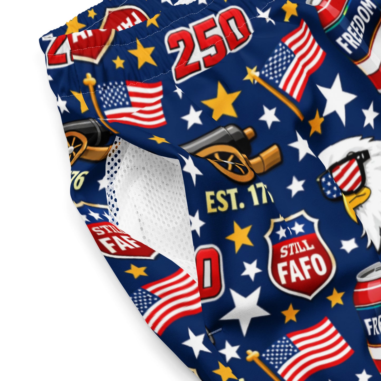 Eagles cannons beer cans STILL FAFO EST 1776 250 all-over pattern close-up — patriotic mens swim trunks detail flag and family outfitters