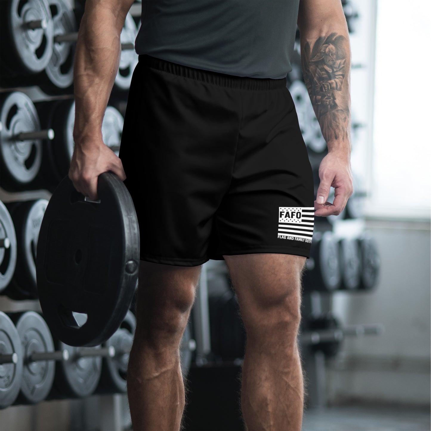 FAFO Flag Athletic Shorts worn at gym — fafo apparel patriotic clothes for men flag and family outfitters