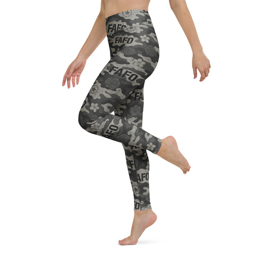 Side view of FAFO midnight bloom camo high-rise yoga leggings — patriotic clothes for women patriotic athletic apparel
