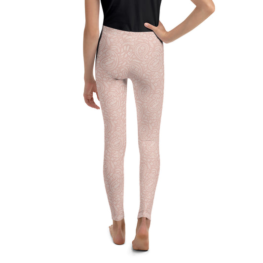 Back view of FAFO Youth Leggings in heritage rose paisley — girls athletic leggings flag and family outfitters