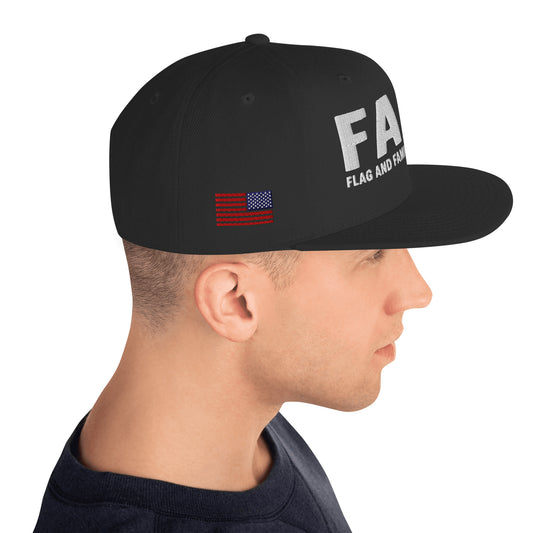 Side view of black FAFO snapback hat — FAFO gear FAFO merchandise patriotic hat