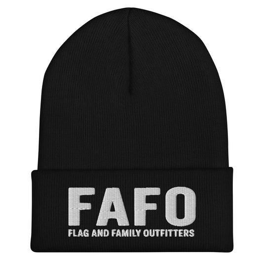 Close-up of FAFO embroidered cuff on black beanie — fafo logo patriotic accessories patriotic outfitters