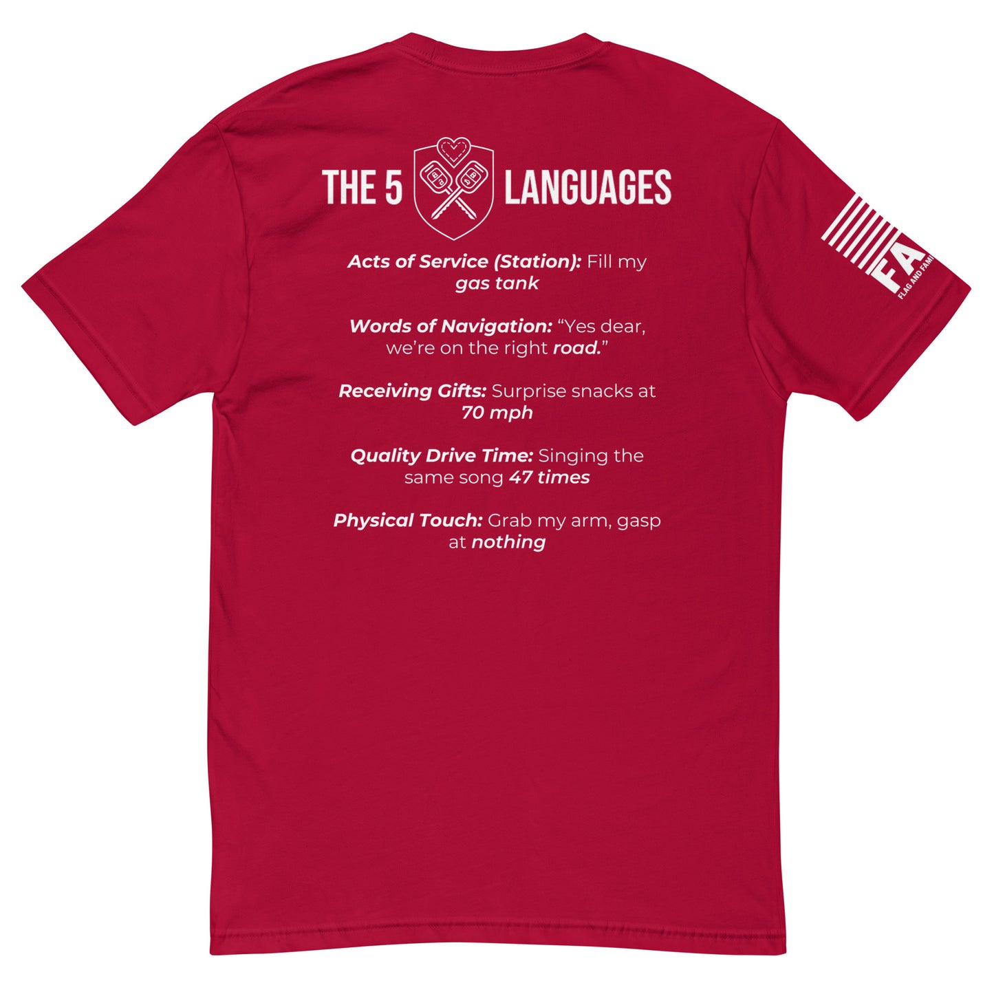 Back of red FAFO couples tee showing all 5 road trip love languages — FAFO apparel funny patriotic shirt