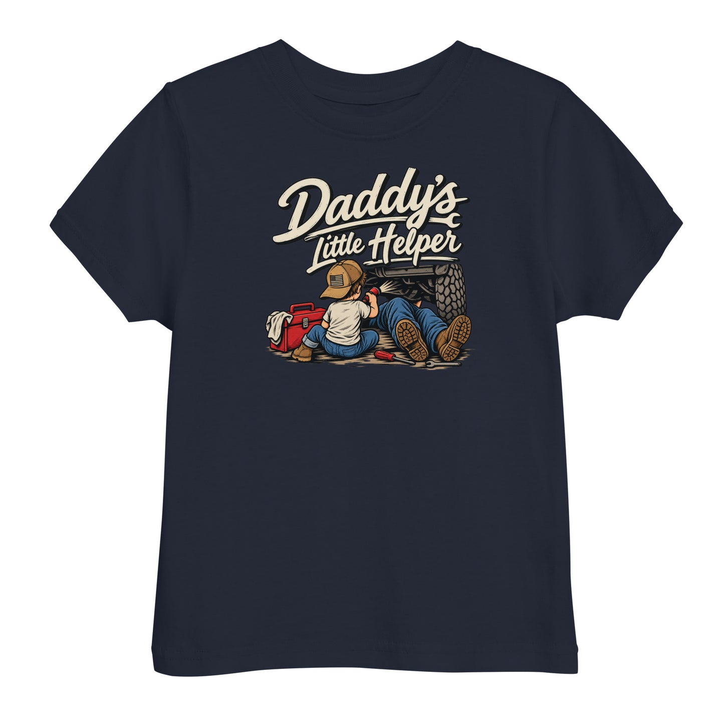 Navy Daddy's Little Helper toddler tee with vintage garage artwork of a child working beside a truck — toddler graphic tee funny kids shirt Flag And Family Outfitters