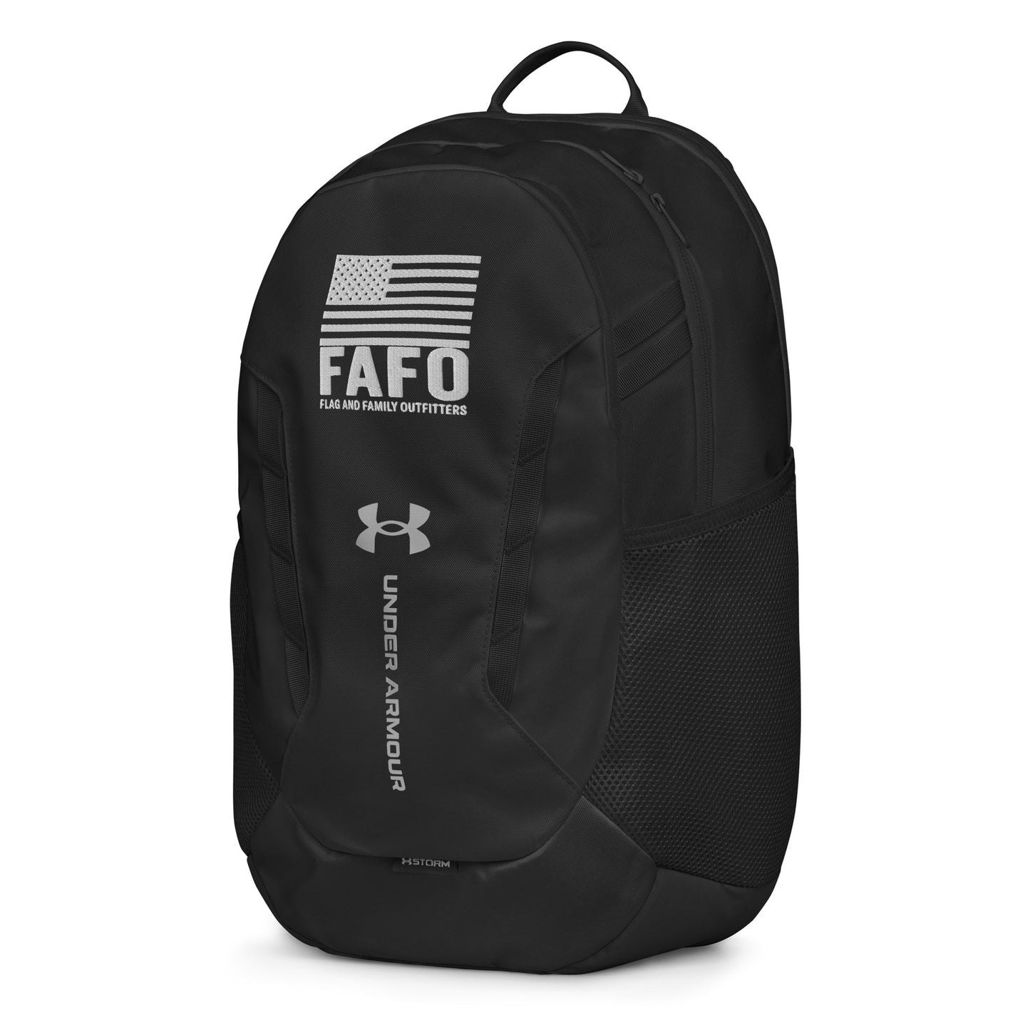 Side view of black FAFO Under Armour backpack — water bottle pocket FAFO merchandise FAFO gear