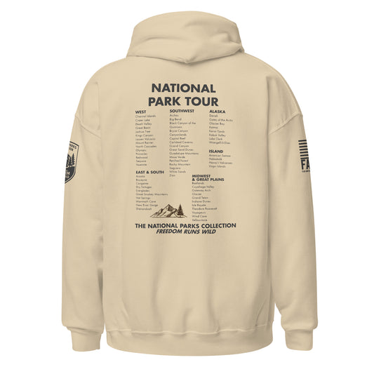 Back of sand FAFO national parks hoodie showing full 63 park tour list by region — hiking shirt men outdoor apparel