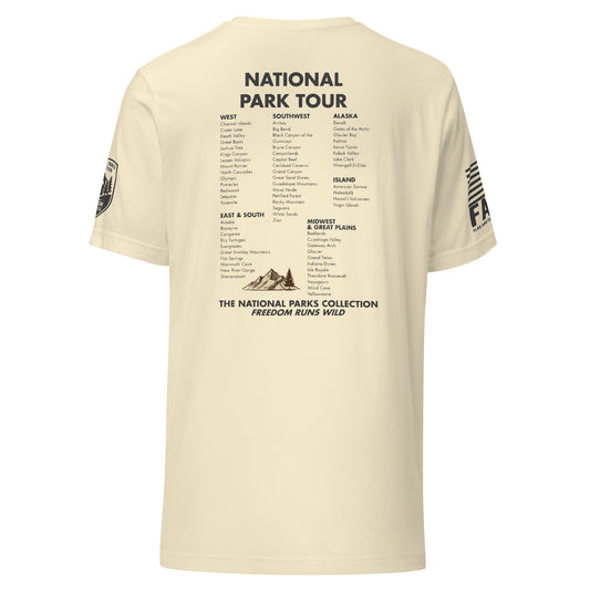 Back of natural FAFO national parks shirt — full 63 park tour list by region hiking shirt men outdoor graphic tee