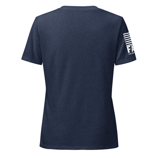 Back view of FAFO Basic Women's V-Neck in heather navy — womens patriotic clothing flag and family outfitters