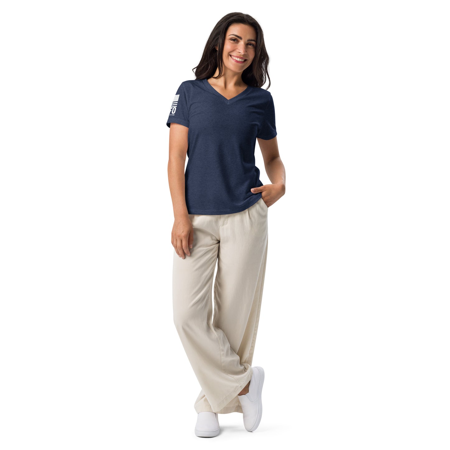 FAFO Basic Women's V-Neck Tee in heather navy — patriotic shirts women relaxed fit womens v-neck tee flag and family outfitters