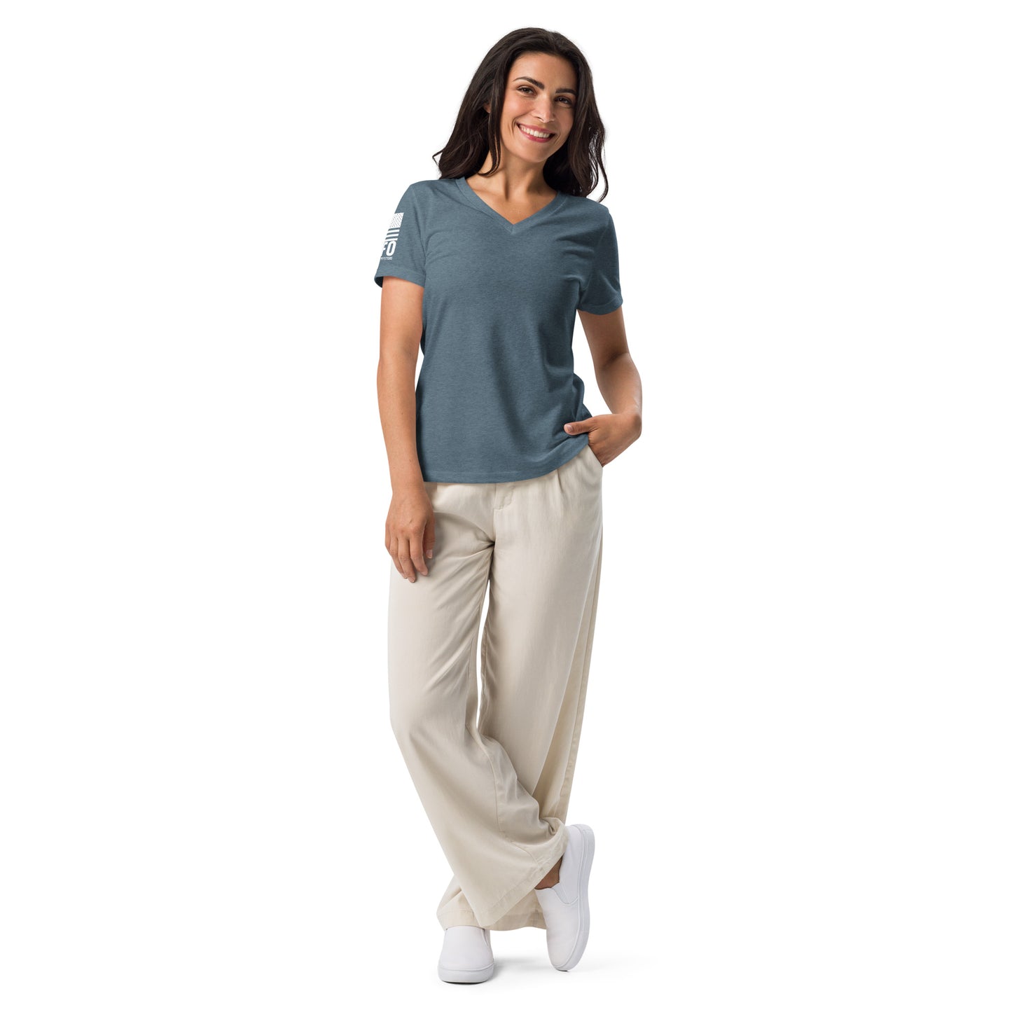FAFO Basic Women's V-Neck Tee in heather slate — patriotic shirts women relaxed fit womens v-neck tee flag and family outfitters