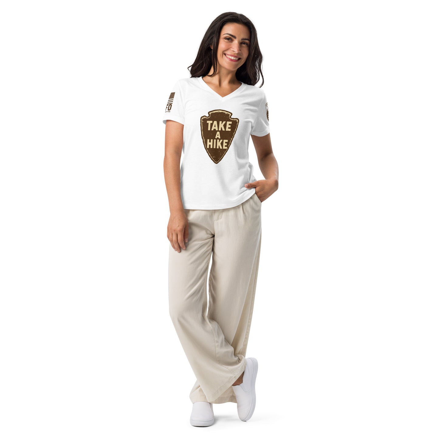 Funny womens hiking FAFO t shirt in white — Take A Hike national park arrowhead graphic patriotic shirts women