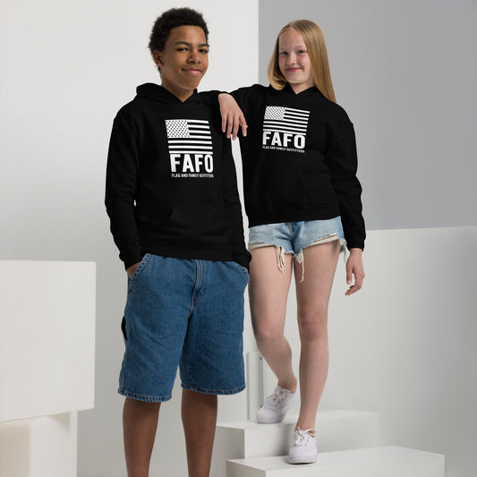 Kids wearing black FAFO flag youth hoodie — FAFO apparel patriotic kids clothing