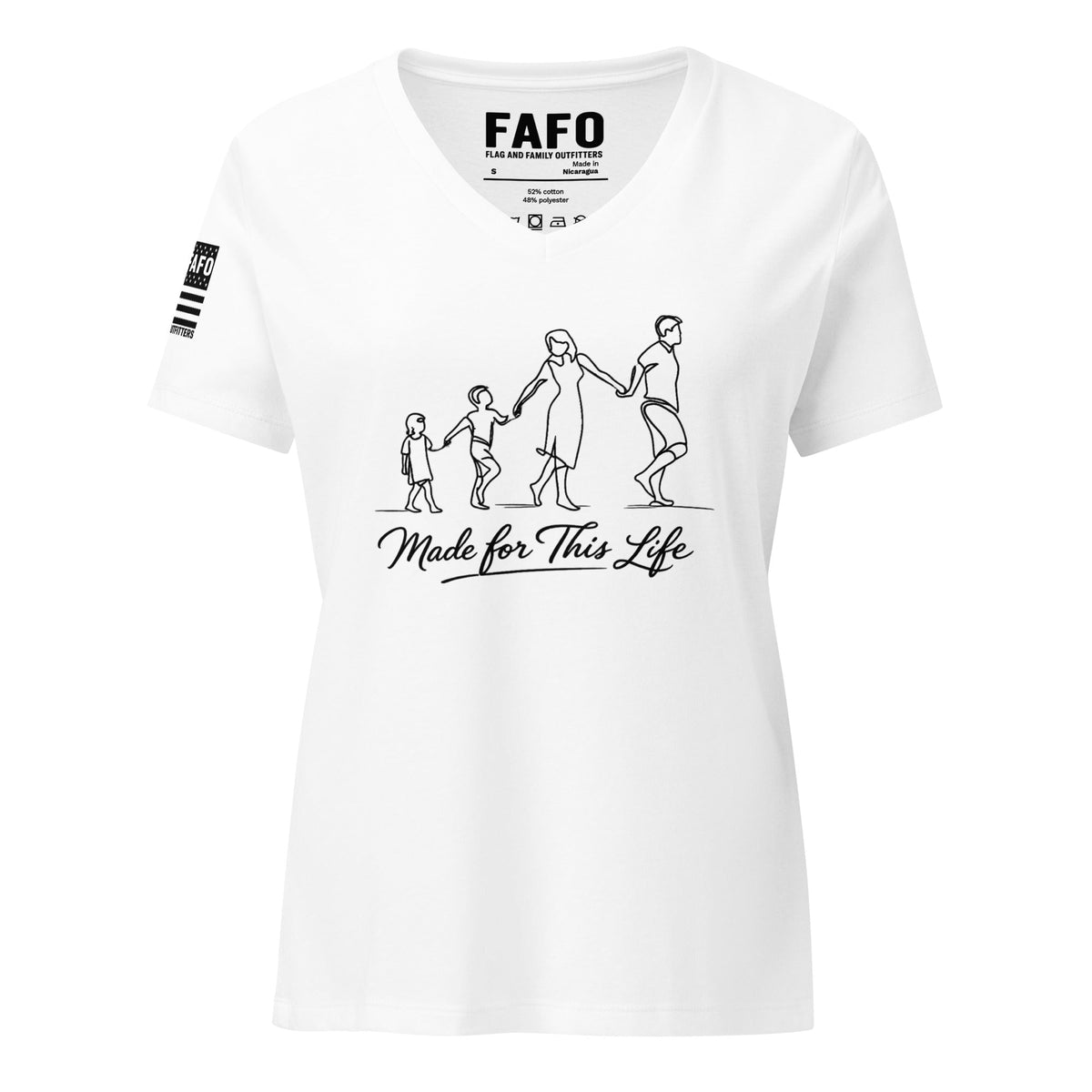 Made For This Life women's v-neck tee in white — mom shirts patriotic shirts women flag and family outfitters