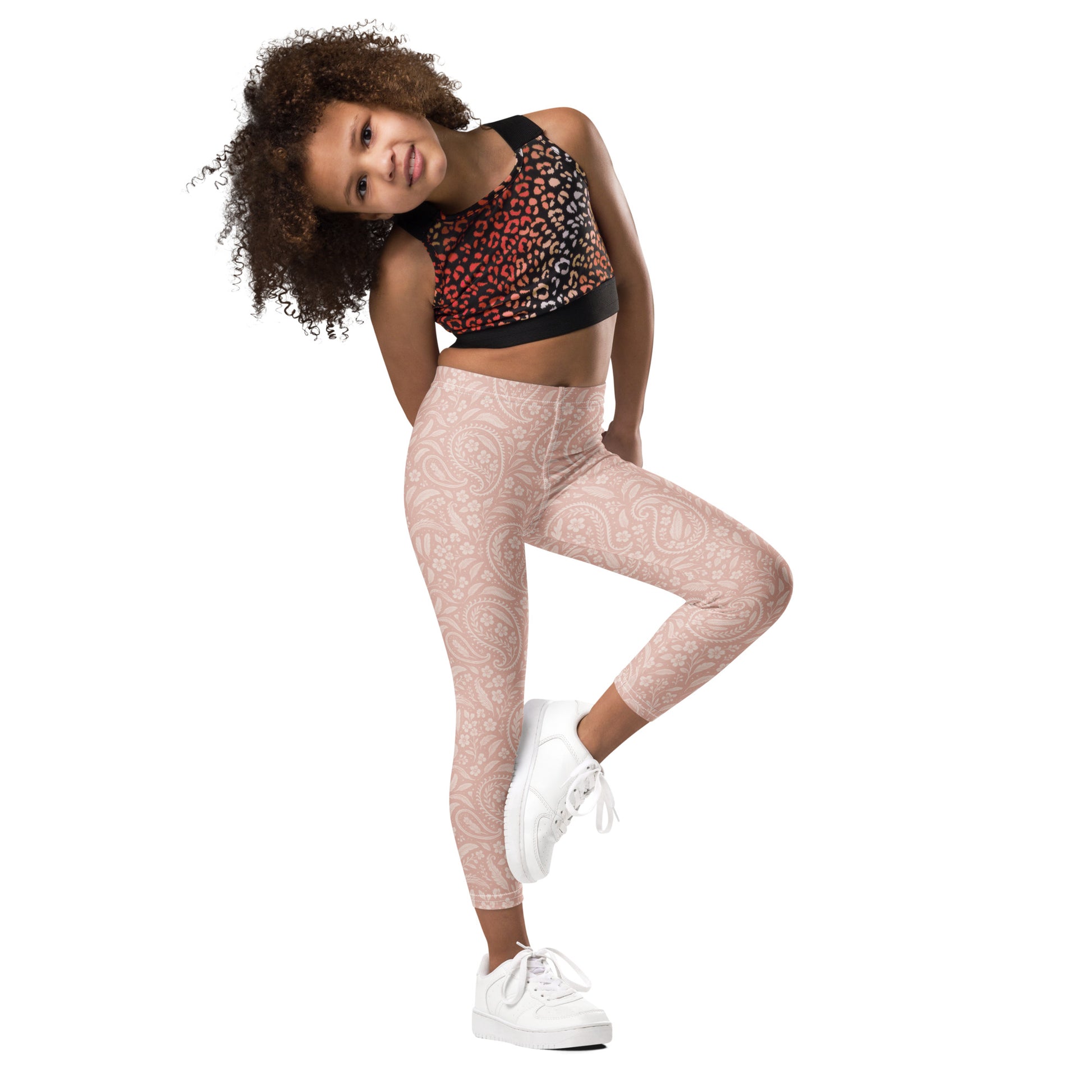 Girl wearing FAFO Kids Leggings in heritage rose paisley — kids activewear FAFO apparel flag and family outfitters