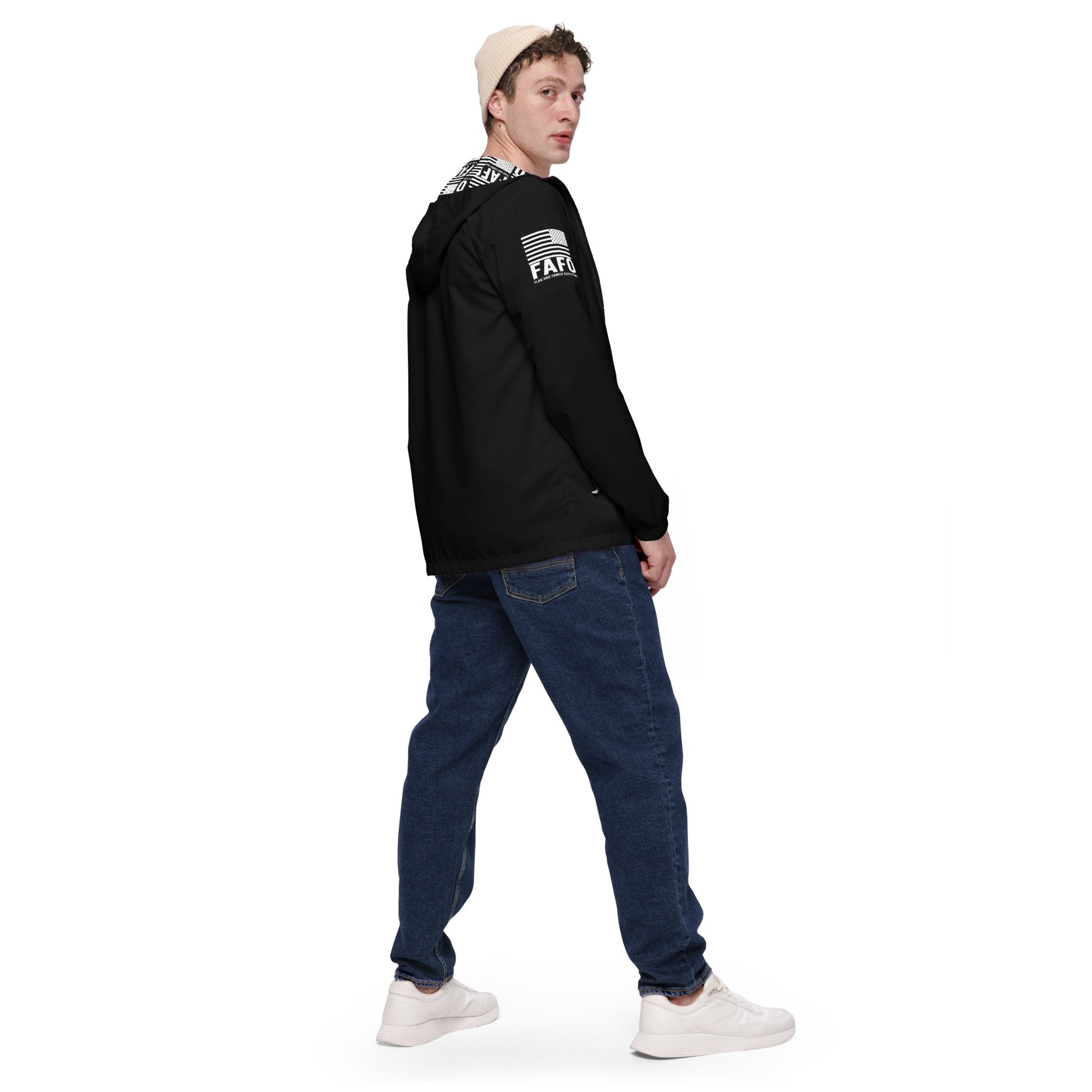 Back of black FAFO windbreaker jacket — FAFO apparel FAFO gear patriotic outerwear