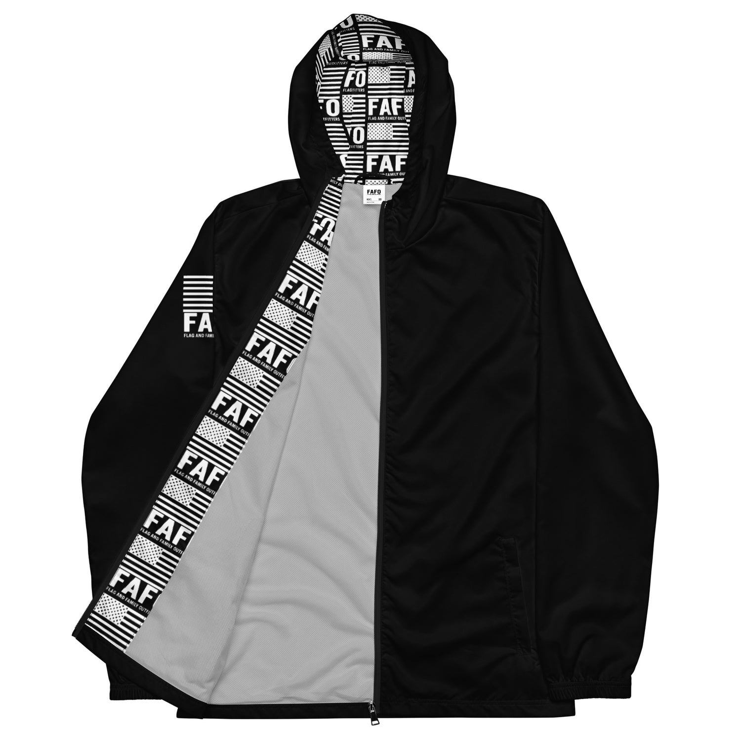 FAFO gear windbreaker jacket in black — FAFO logo American flag sleeve branding FAFO merchandise patriotic outfitters