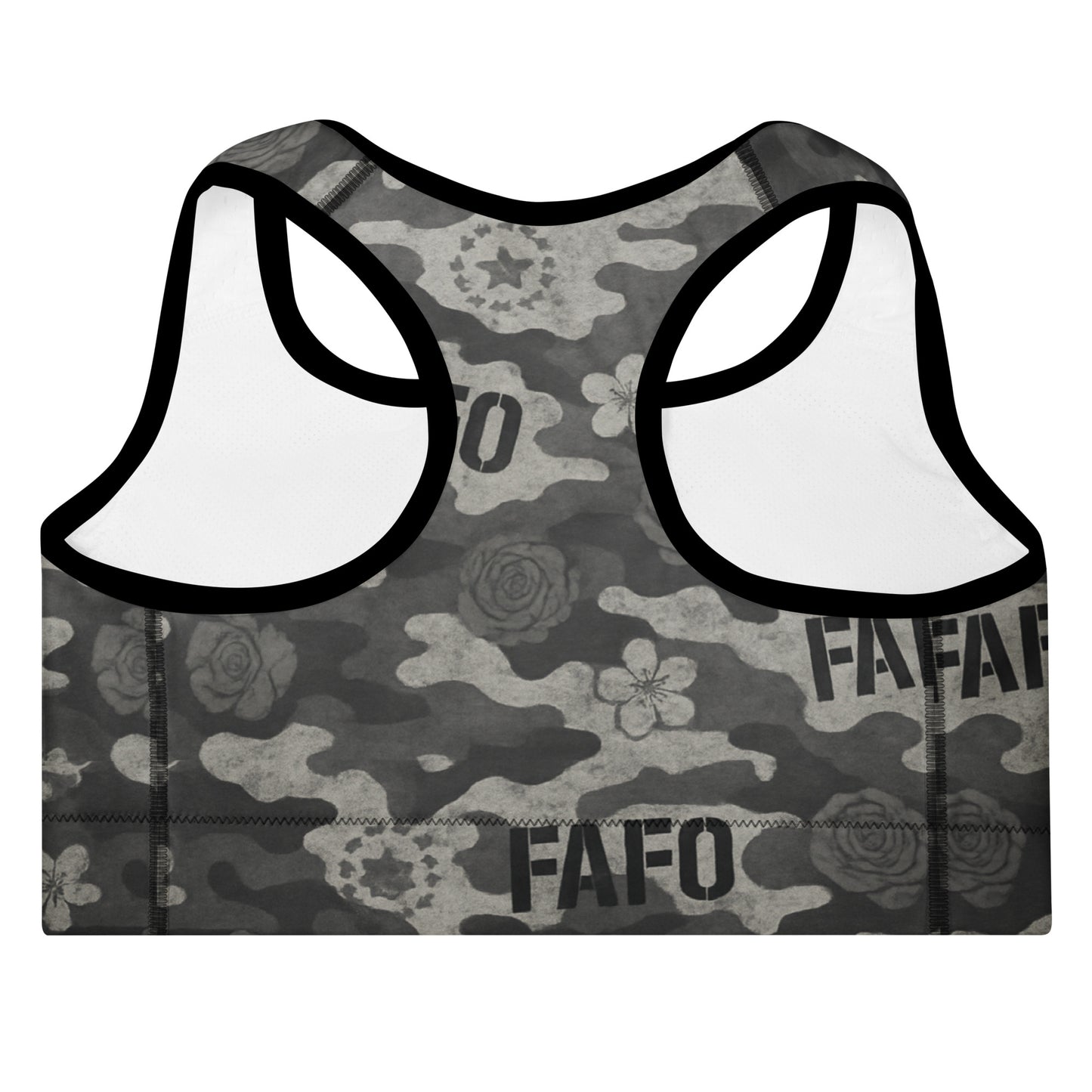 Back of FAFO midnight bloom camo sports bra — racerback design patriotic clothes for women FAFO merchandise
