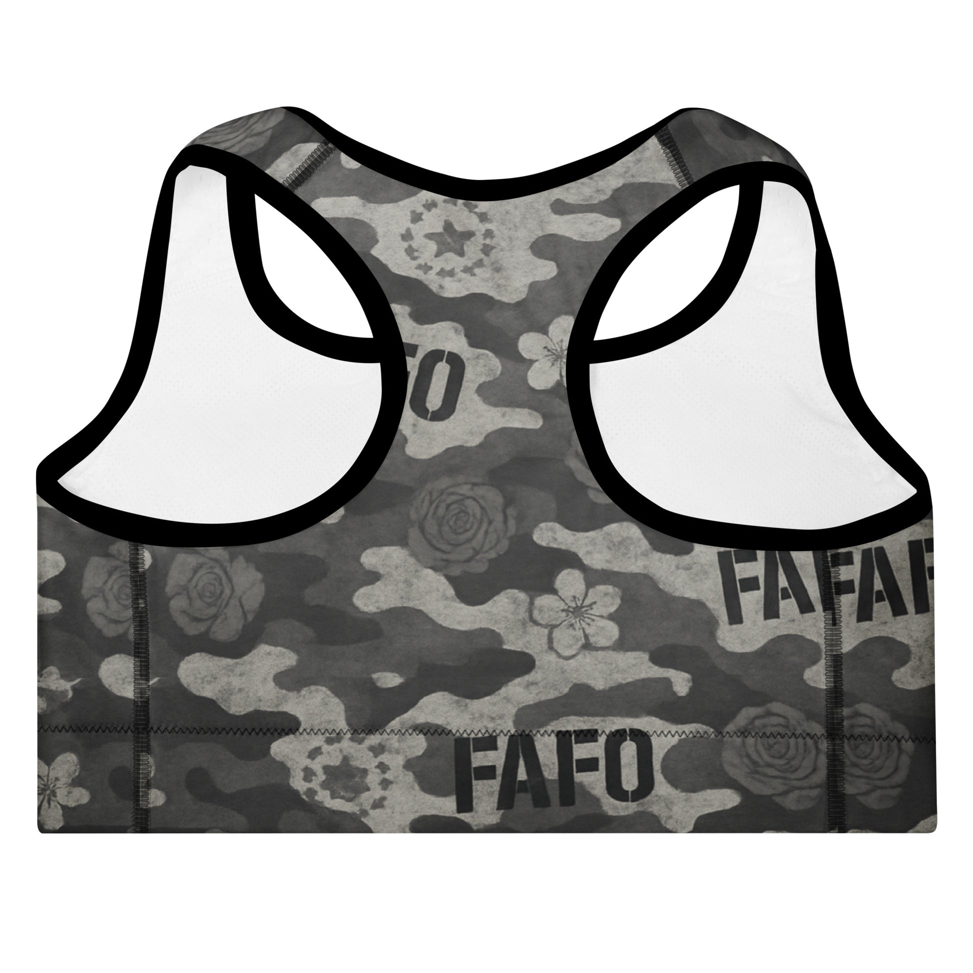 Back of FAFO midnight bloom camo sports bra — racerback design patriotic clothes for women FAFO merchandise