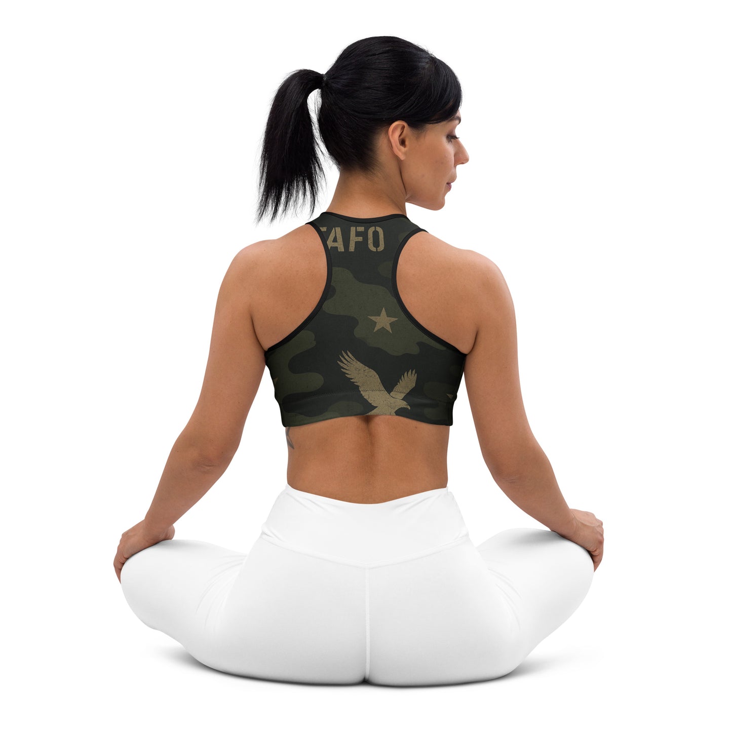 Woman wearing FAFO sagebrush shadow camo sports bra — patriotic athletic apparel patriotic clothes for women