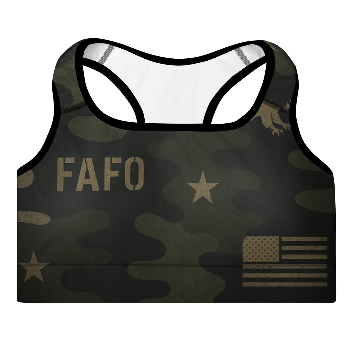 Patriotic athletic apparel FAFO sports bra in sagebrush shadow camo — FAFO apparel womens patriotic activewear