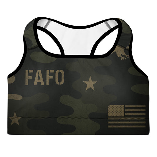 Patriotic athletic apparel FAFO sports bra in sagebrush shadow camo — FAFO apparel womens patriotic activewear