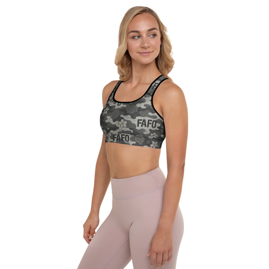 Woman wearing FAFO midnight bloom camo sports bra — patriotic athletic apparel patriotic clothes for women