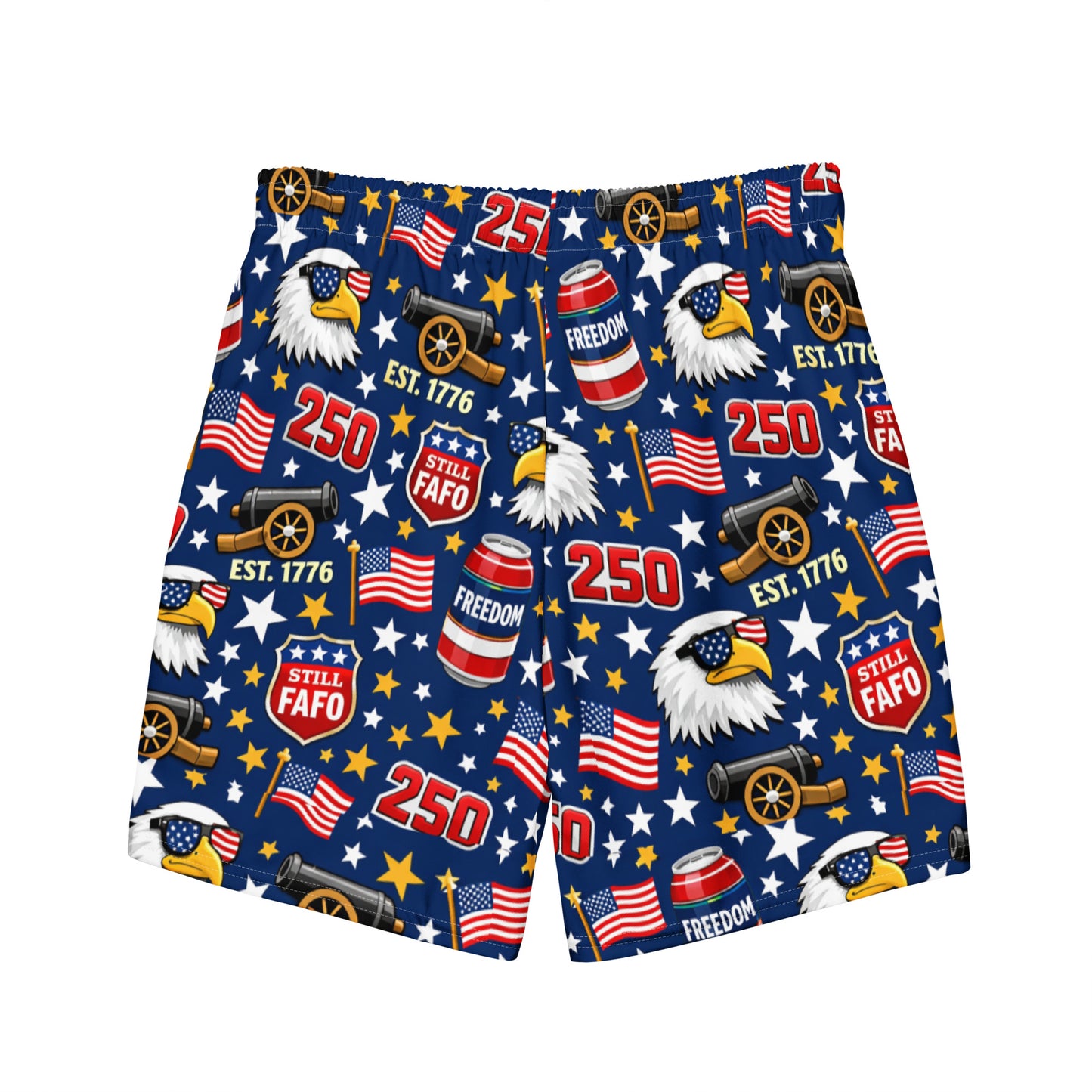Sip It or Send It 250th anniversary swim trunks front view — funny patriotic mens board shorts 1776 2026 flag and family outfitters