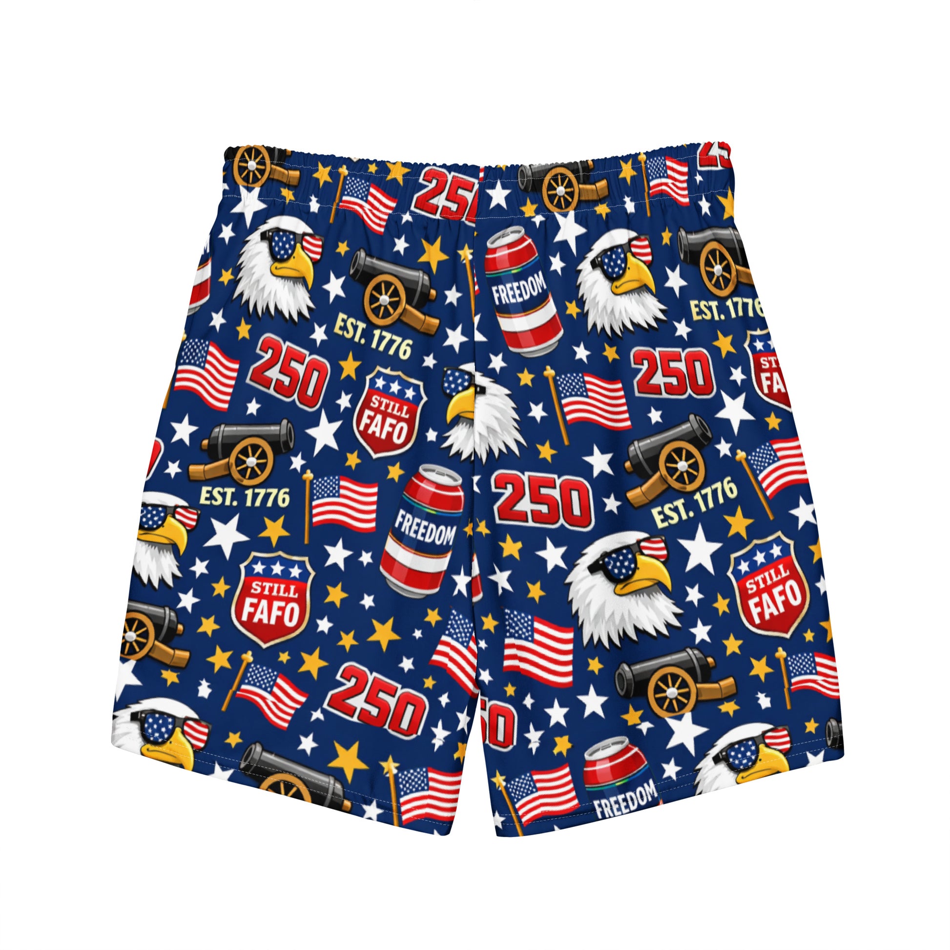 Sip It or Send It 250th anniversary swim trunks front view — funny patriotic mens board shorts 1776 2026 flag and family outfitters