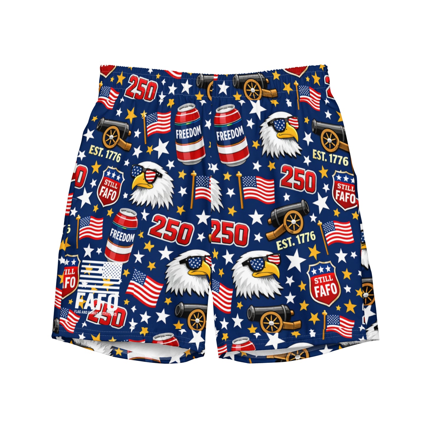 Sip It or Send It 250th anniversary swim trunks flat lay — all-over print patriotic mens swim trunks 4th of july flag and family outfitters 