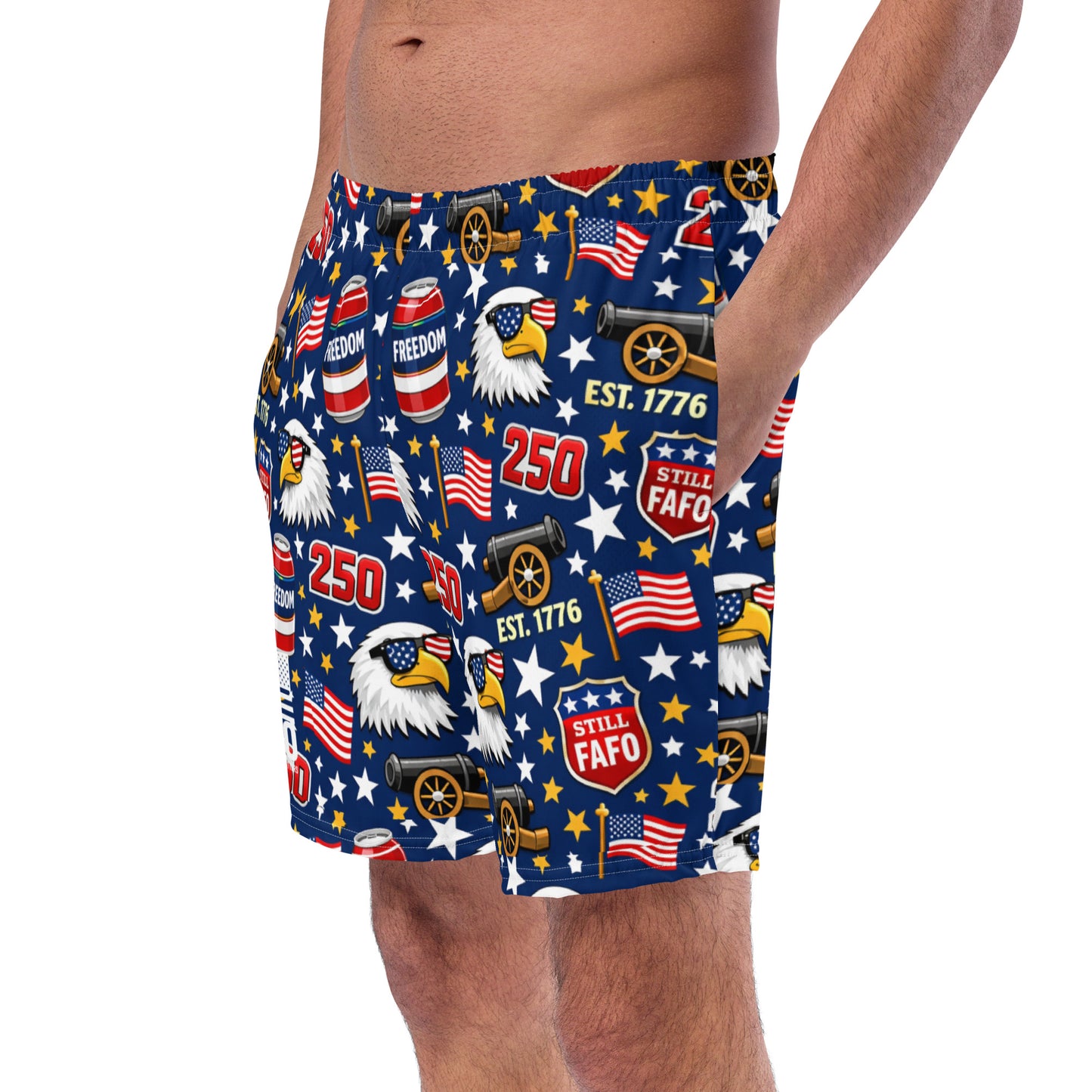Sip It or Send It 250th swim trunks on model front view — patriotic all-over print mens swimwear 4th of july flag and family outfitters