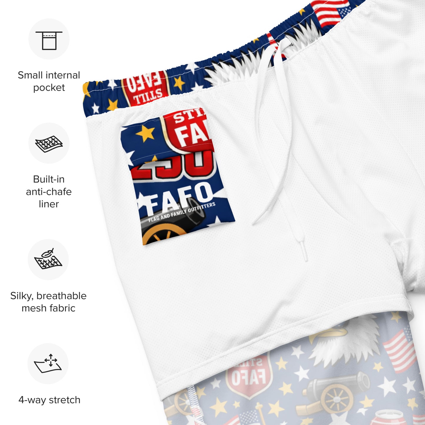 Sip It or Send It 250th anniversary swim trunks size chart — mens patriotic swimwear sizing flag and family outfitters