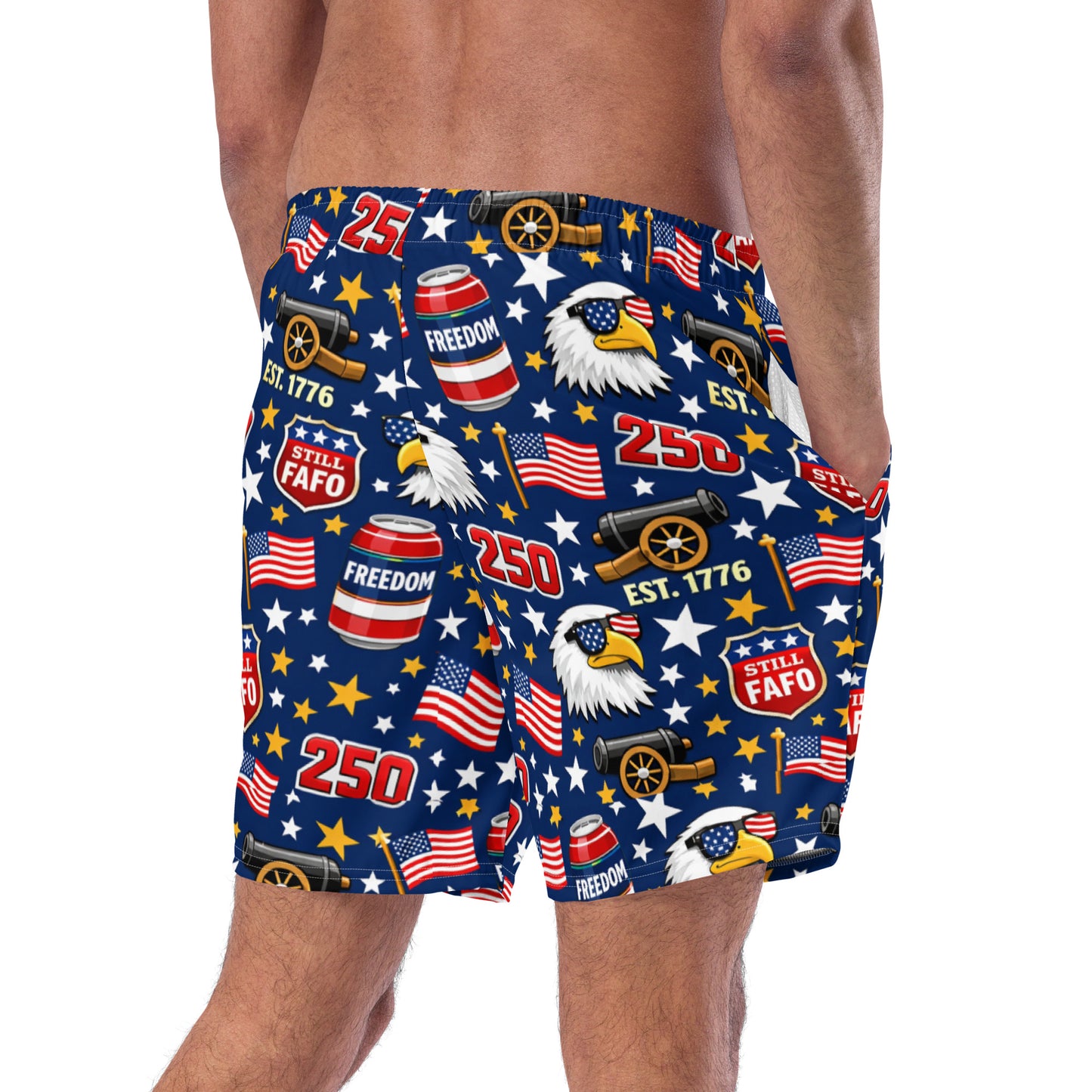 Sip It or Send It 250th swim trunks side pocket view on model — mens patriotic board shorts 4th of july flag and family outfitters