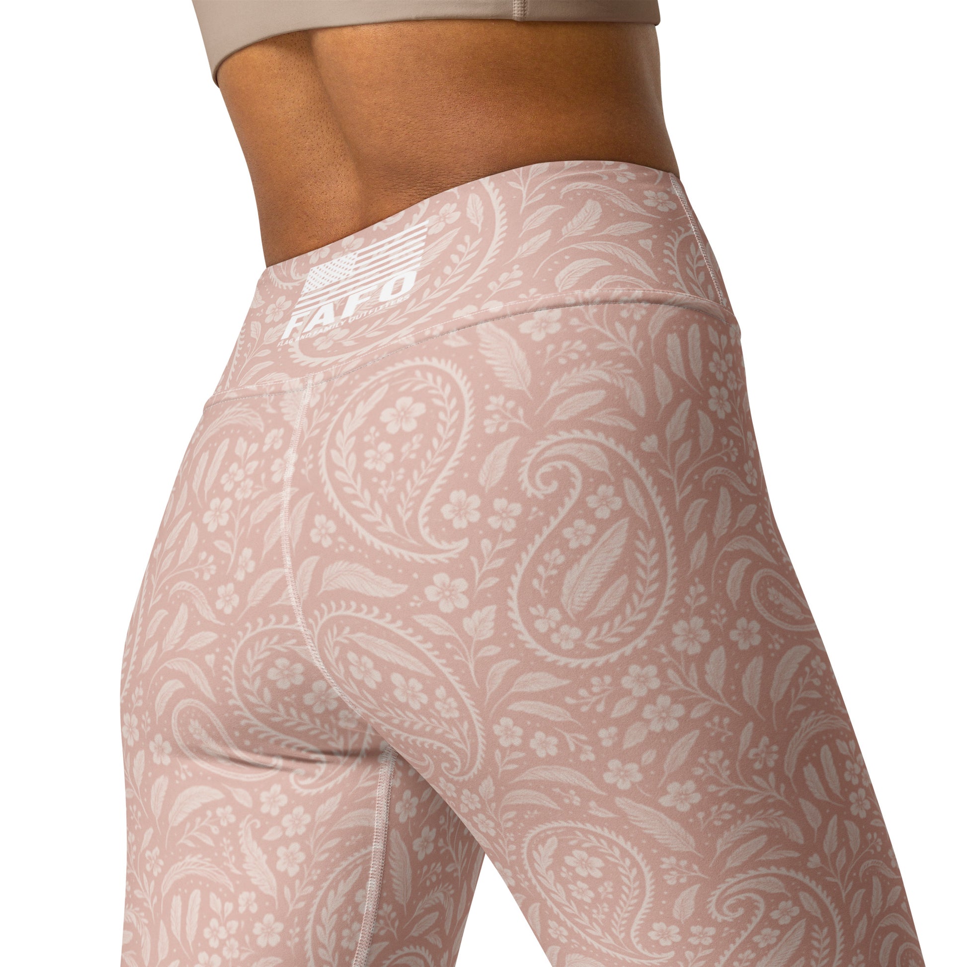 Side view of FAFO heritage rose paisley high-rise yoga leggings — patriotic clothes for women patriotic athletic apparel