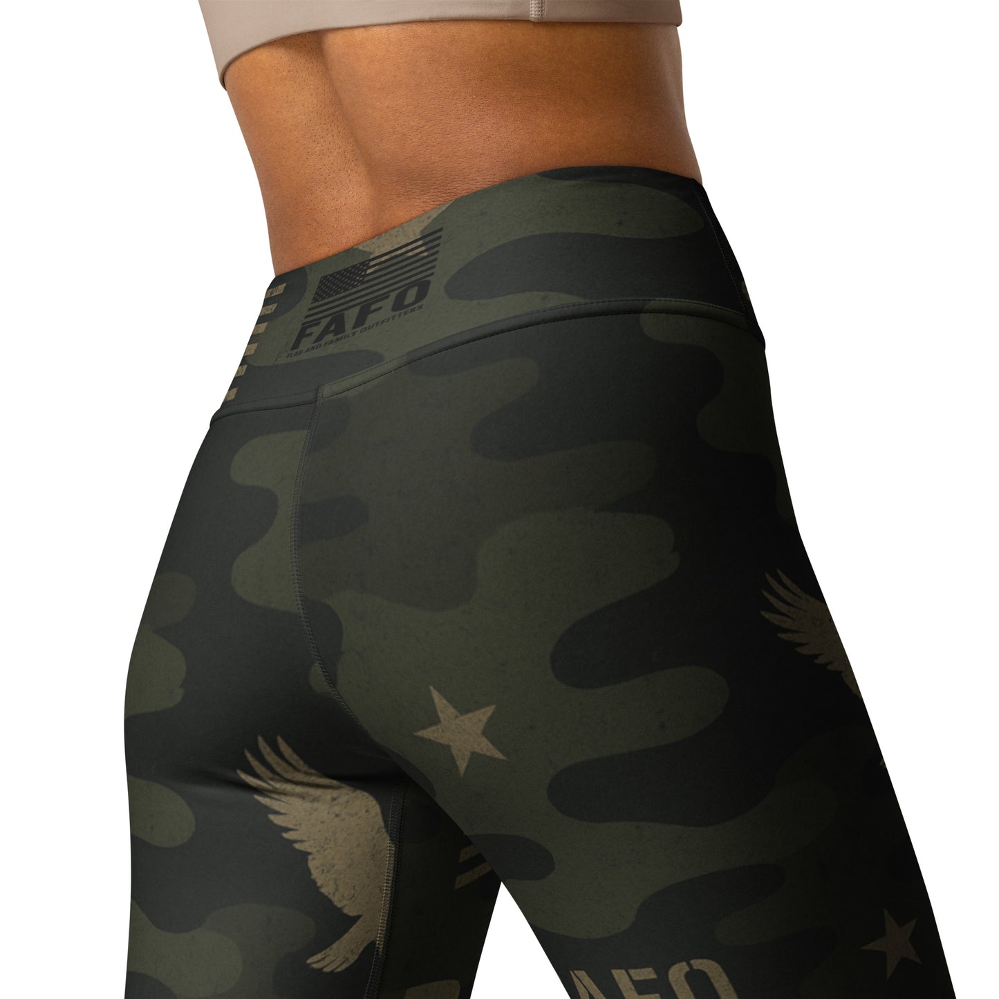 Side view of FAFO sagebrush shadow high-rise yoga leggings — patriotic clothes for women patriotic athletic apparel