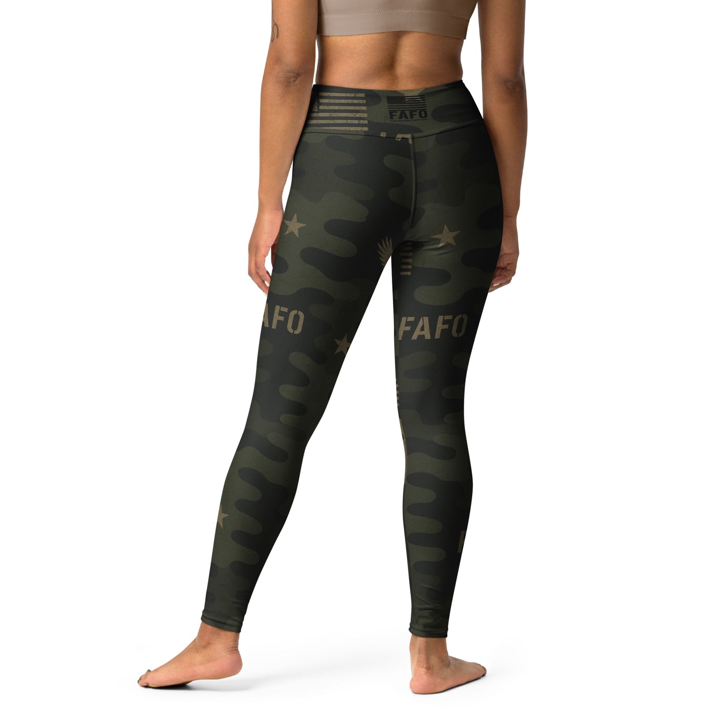 Woman wearing FAFO sagebrush shadow camo yoga leggings — womens patriotic activewear patriotic athletic apparel
