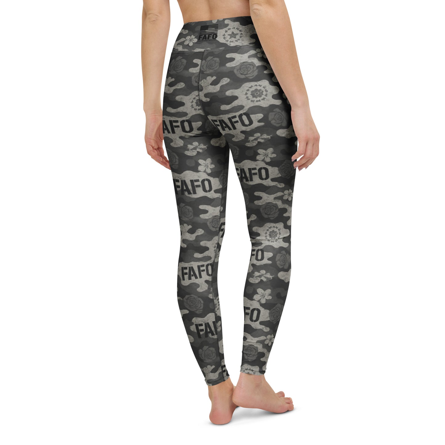 Woman wearing FAFO midnight bloom camo yoga leggings — womens patriotic activewear patriotic athletic apparel