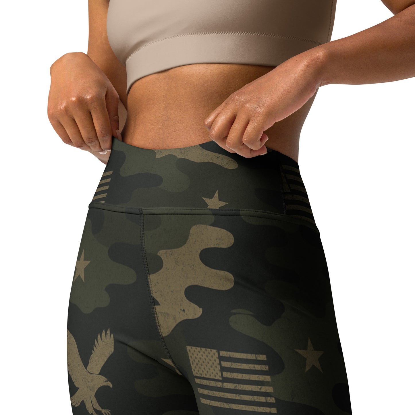 Side view of FAFO sagebrush shadow high-rise yoga leggings — patriotic clothes for women patriotic athletic apparel