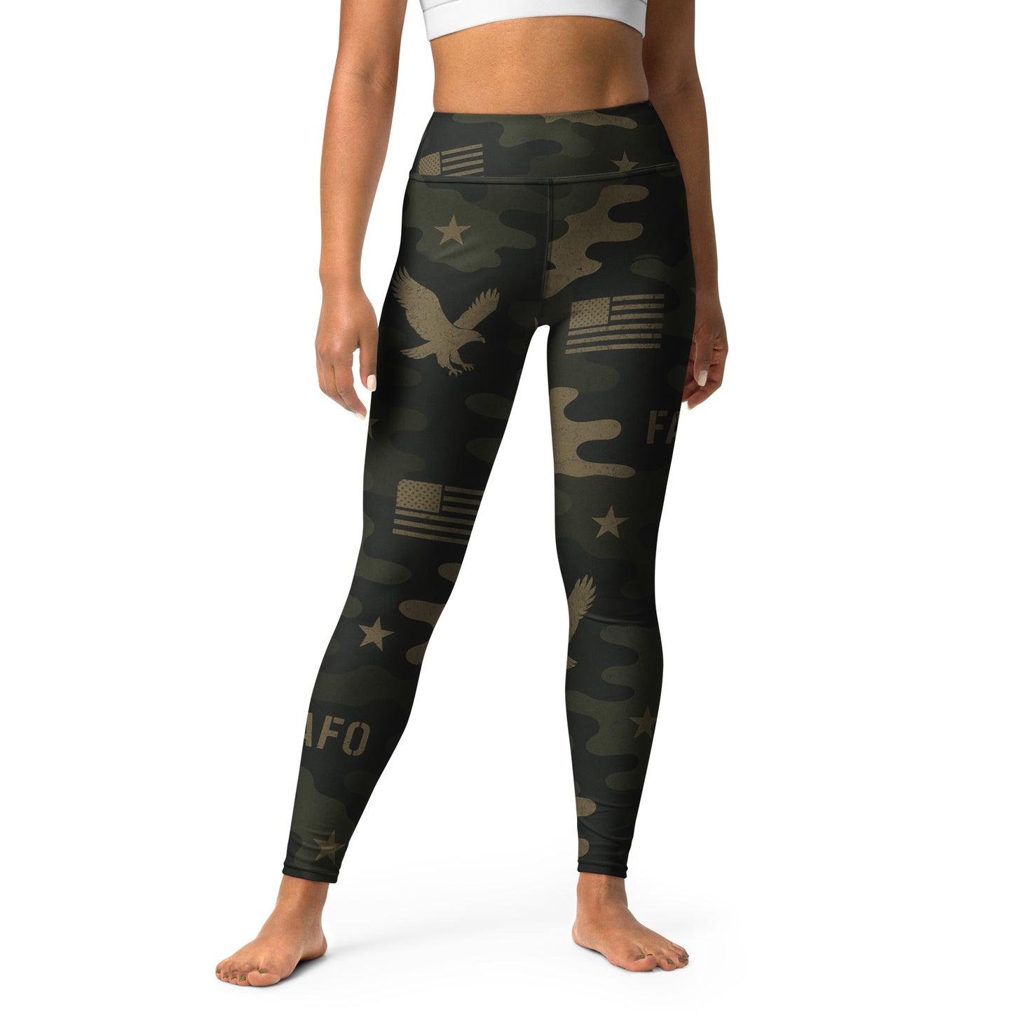 Patriotic athletic apparel FAFO yoga leggings in sagebrush shadow camo — FAFO apparel womens patriotic activewear