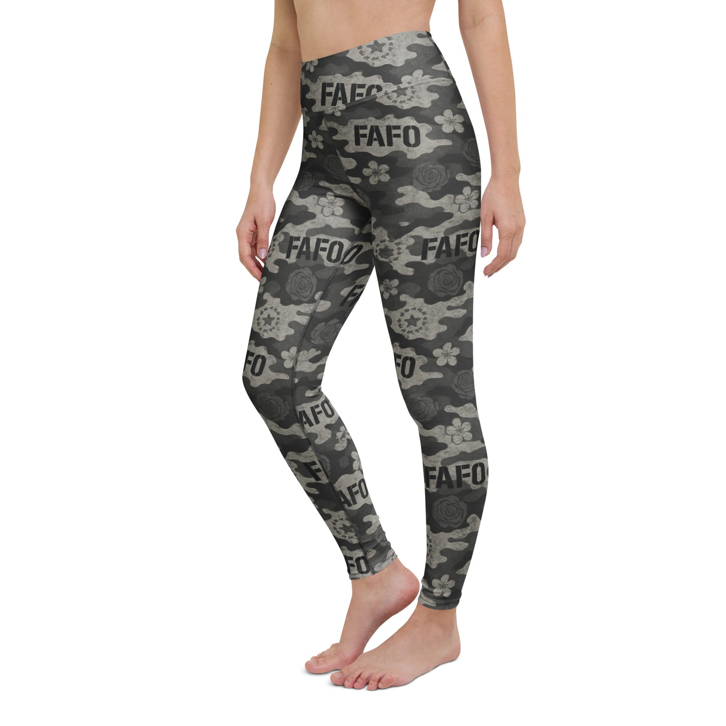 Side view of FAFO midnight bloom camo high-rise yoga leggings — patriotic clothes for women patriotic athletic apparel