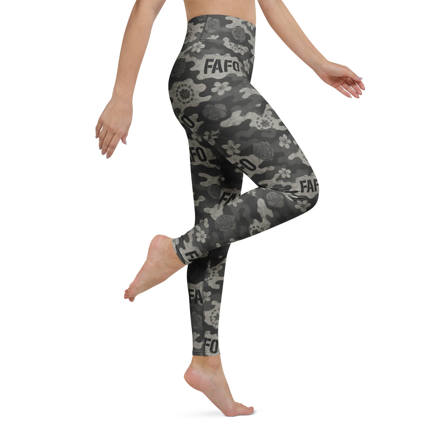 Woman wearing FAFO midnight bloom camo yoga leggings — womens patriotic activewear patriotic athletic apparel