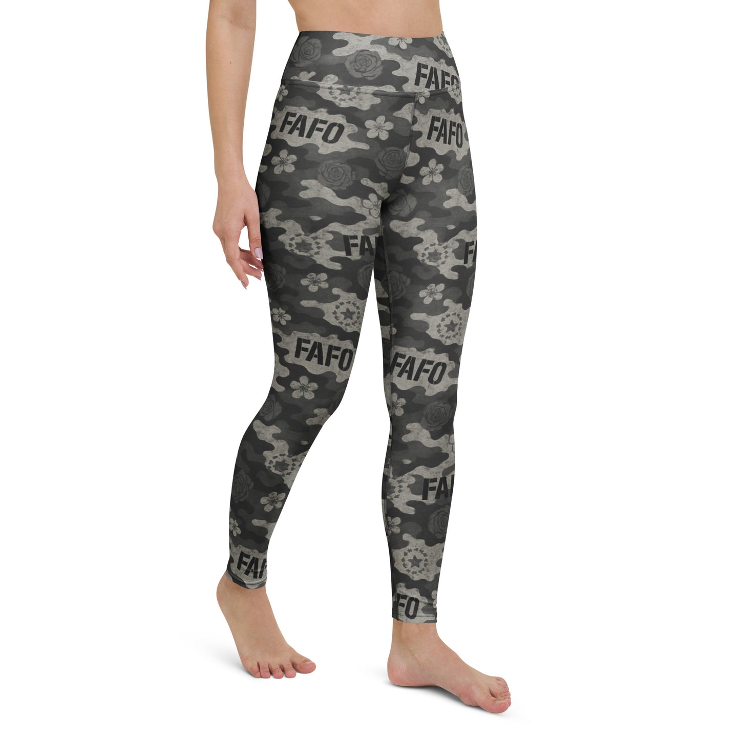 Woman wearing FAFO midnight bloom camo yoga leggings — womens patriotic activewear patriotic athletic apparel