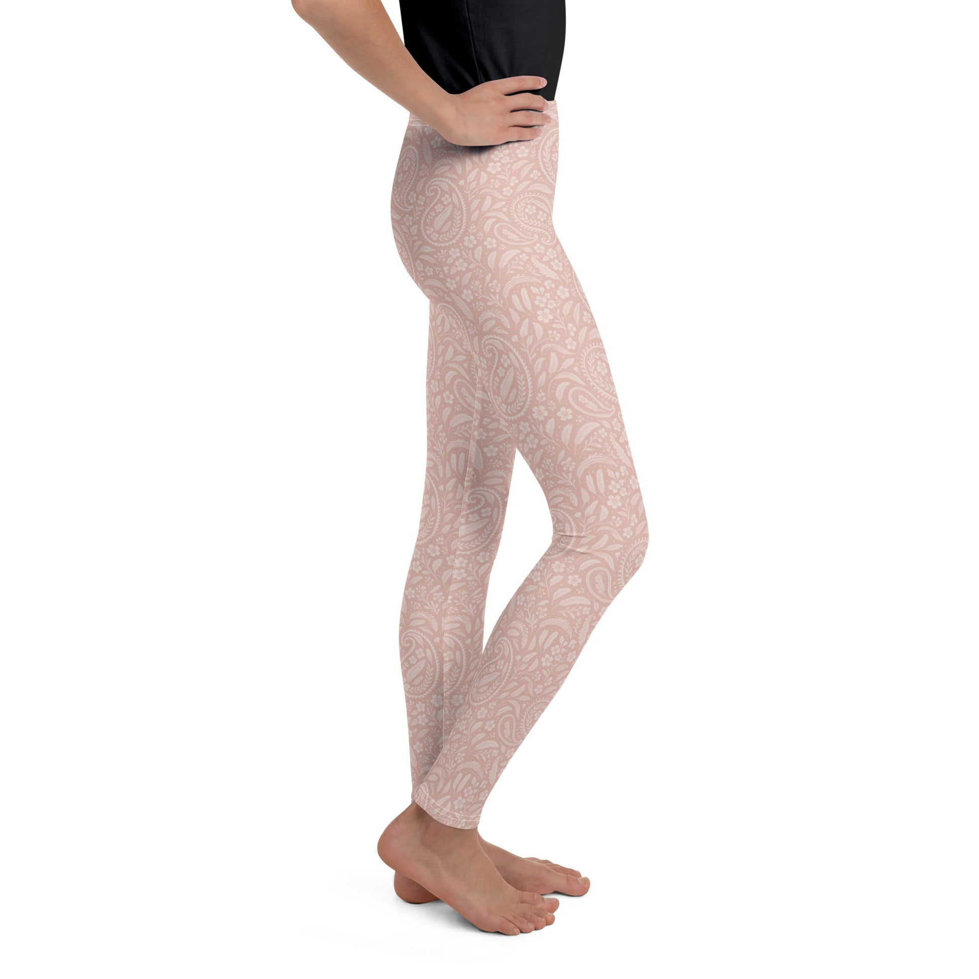 Side view of FAFO Youth Leggings in heritage rose paisley — kids activewear flag and family outfitters