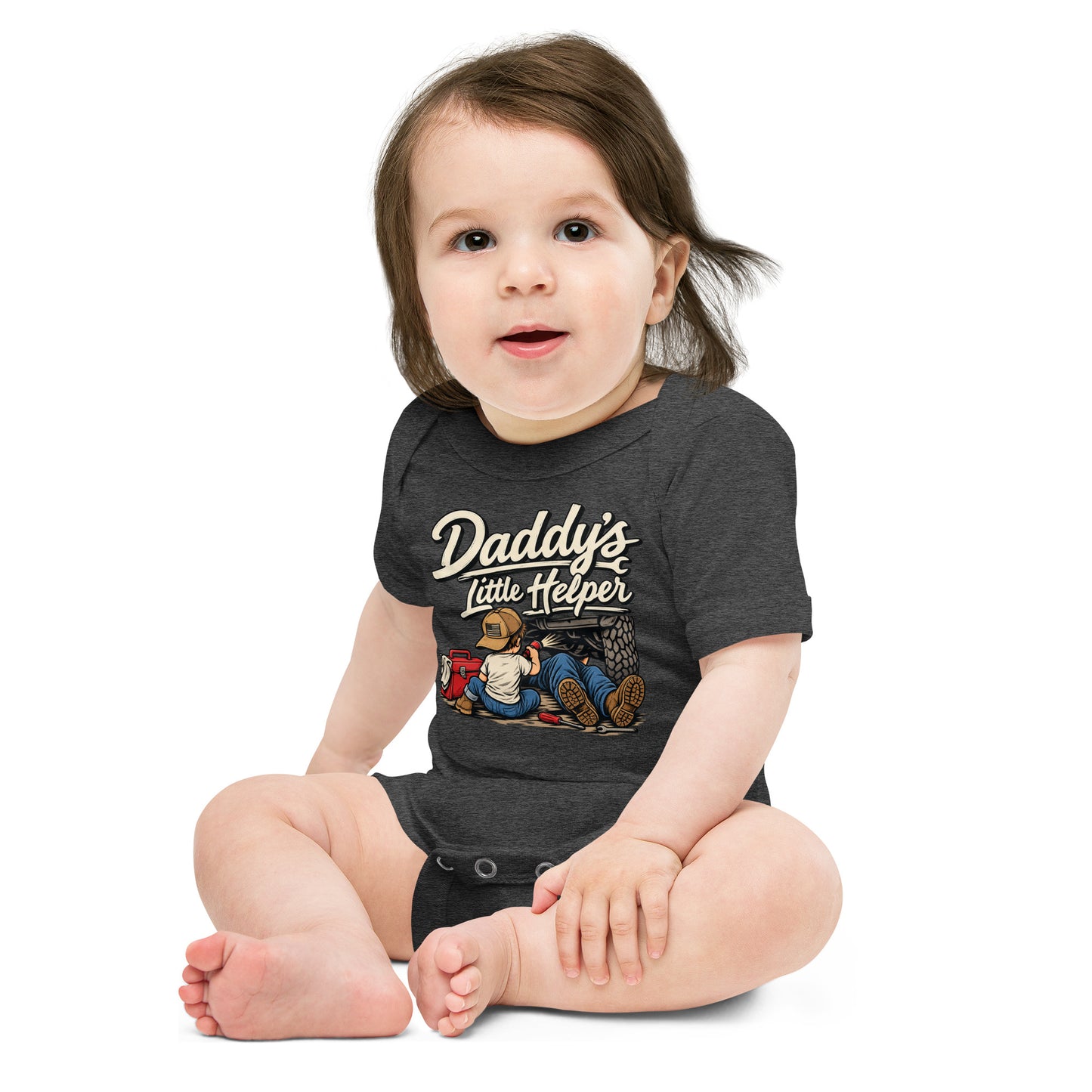 Dark Grey Heather Daddy's Little Helper baby bodysuit with vintage garage artwork — funny baby bodysuit baby mechanic outfit Flag And Family Outfitters