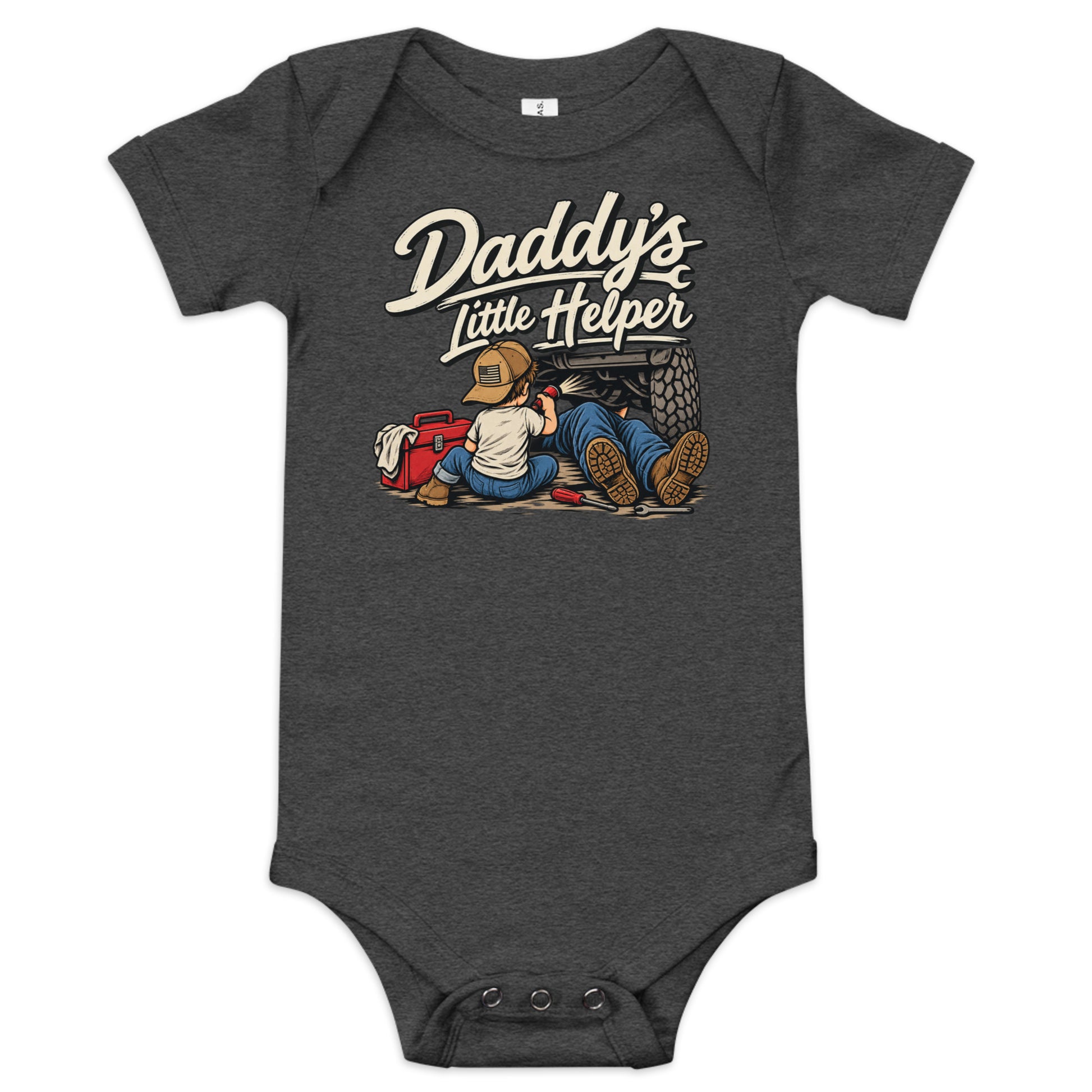 Dark Grey Heather Daddy's Little Helper baby bodysuit with vintage garage artwork — funny baby bodysuit baby mechanic outfit Flag And Family Outfitters