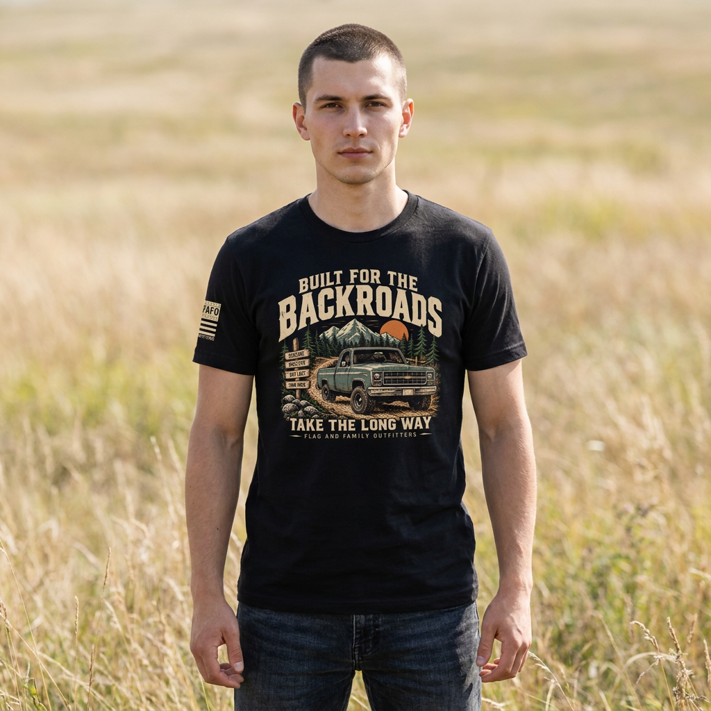 Built For The Backroads heavyweight oversized tee with vintage off-road truck graphic and Take The Long Way design by Flag And Family Outfitters.