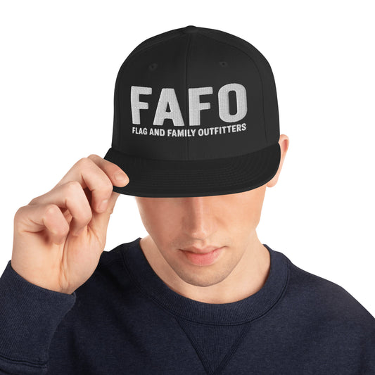 FAFO snapback hat in black — bold embroidered FAFO logo front panel FAFO hat for sale patriotic outfitters