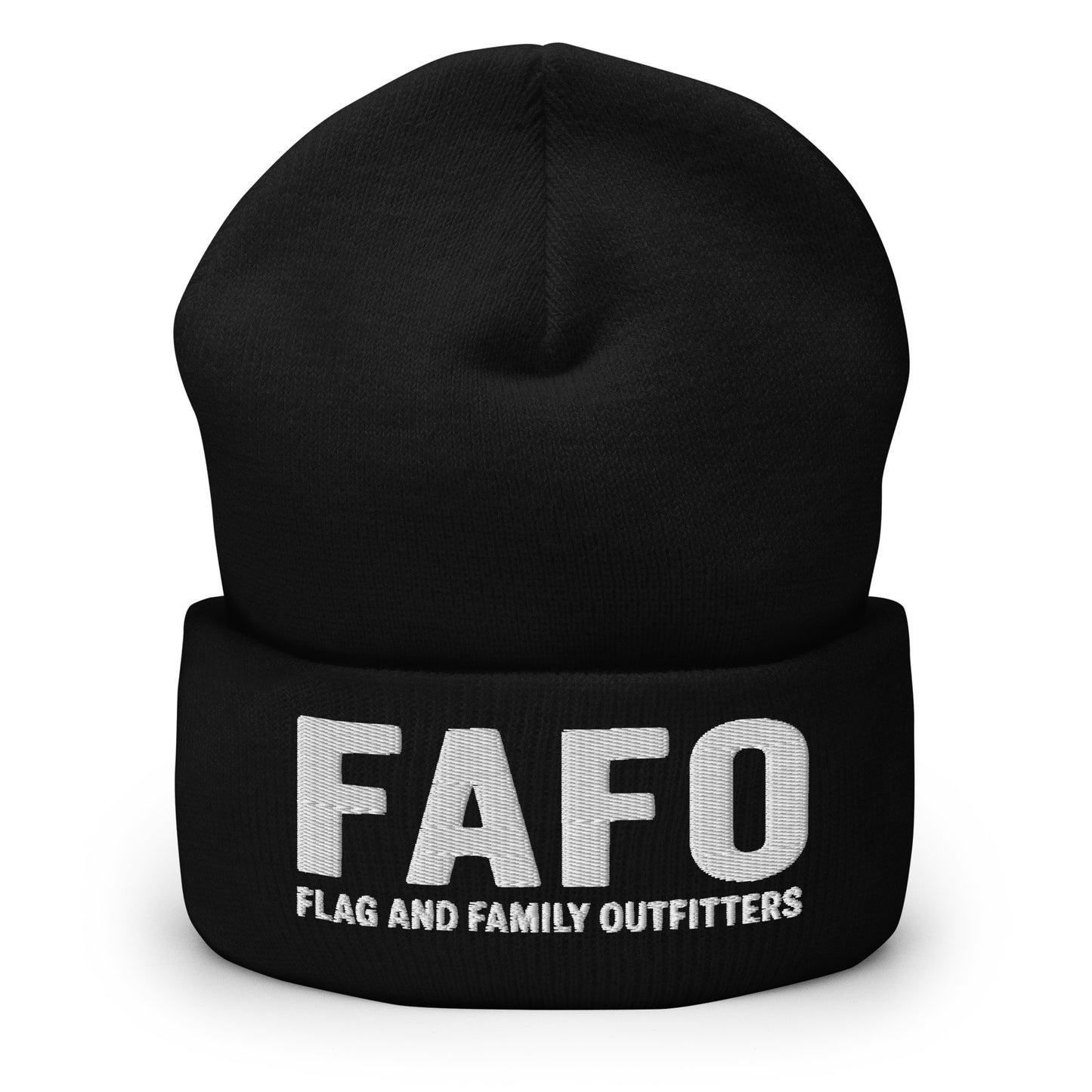Close-up of FAFO embroidered cuff on black beanie — fafo logo patriotic accessories patriotic outfitters