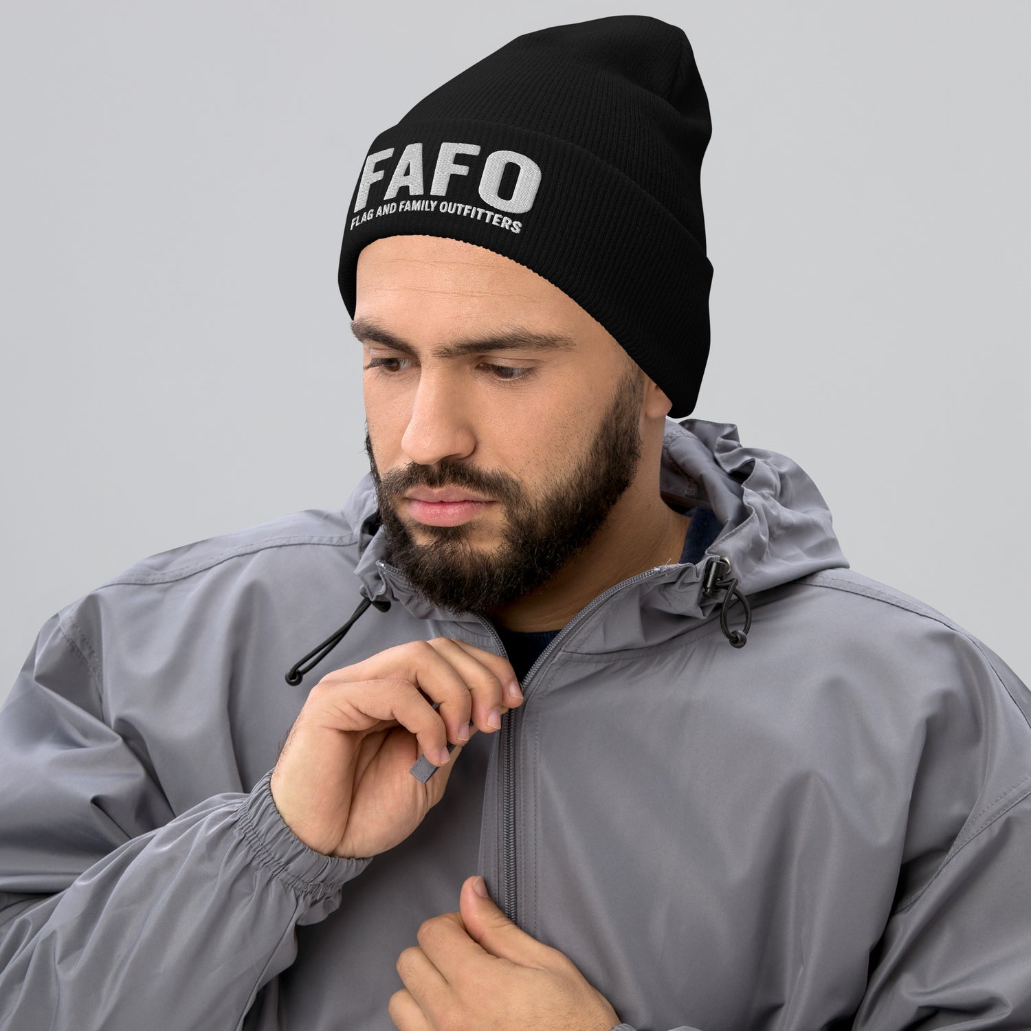 FAFO Cuffed Beanie in black with embroidered logo — fafo gear fafo merchandise flag and family outfitters
